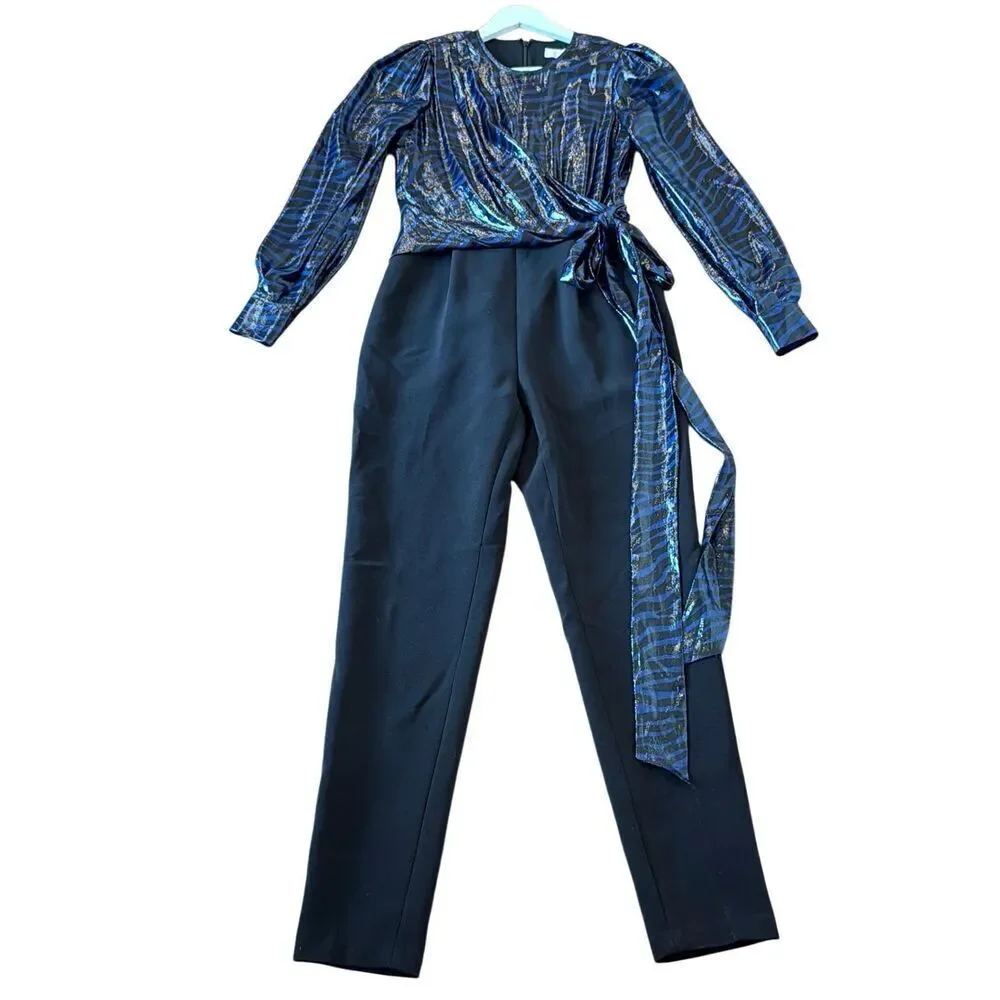 Michael Kors blue animal metallic tie waist jumpsuit 2